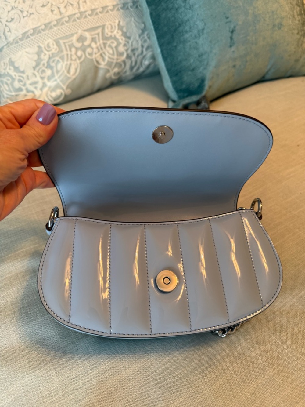 Michael Kors Baby Blue Patent Leather Chain Crossbody - Picture 7 of 12